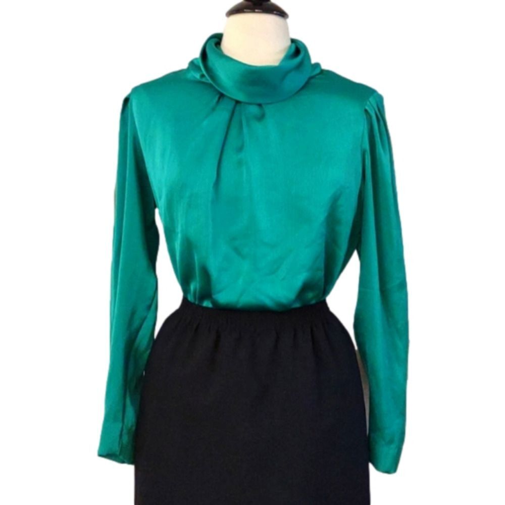 Vintage Panther Blouse - Cowl Neck - Emerald Green - Long Sleeve Size 11/12